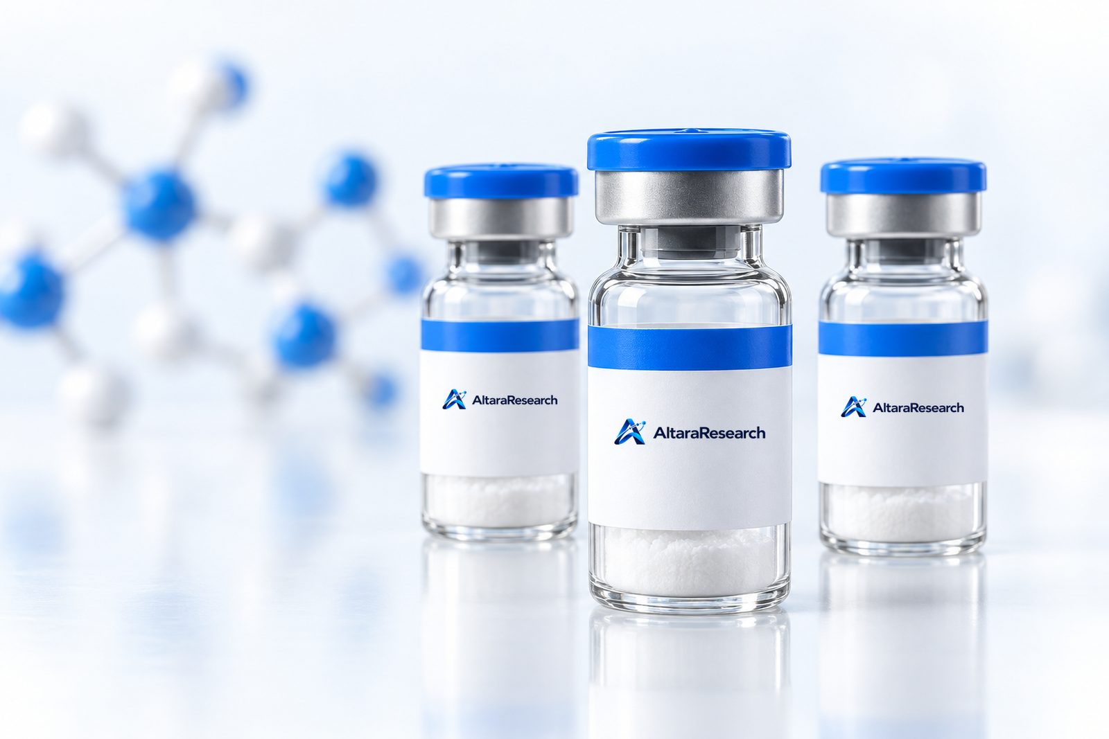 Three Altara Research vials of freeze-dried material on a white bench